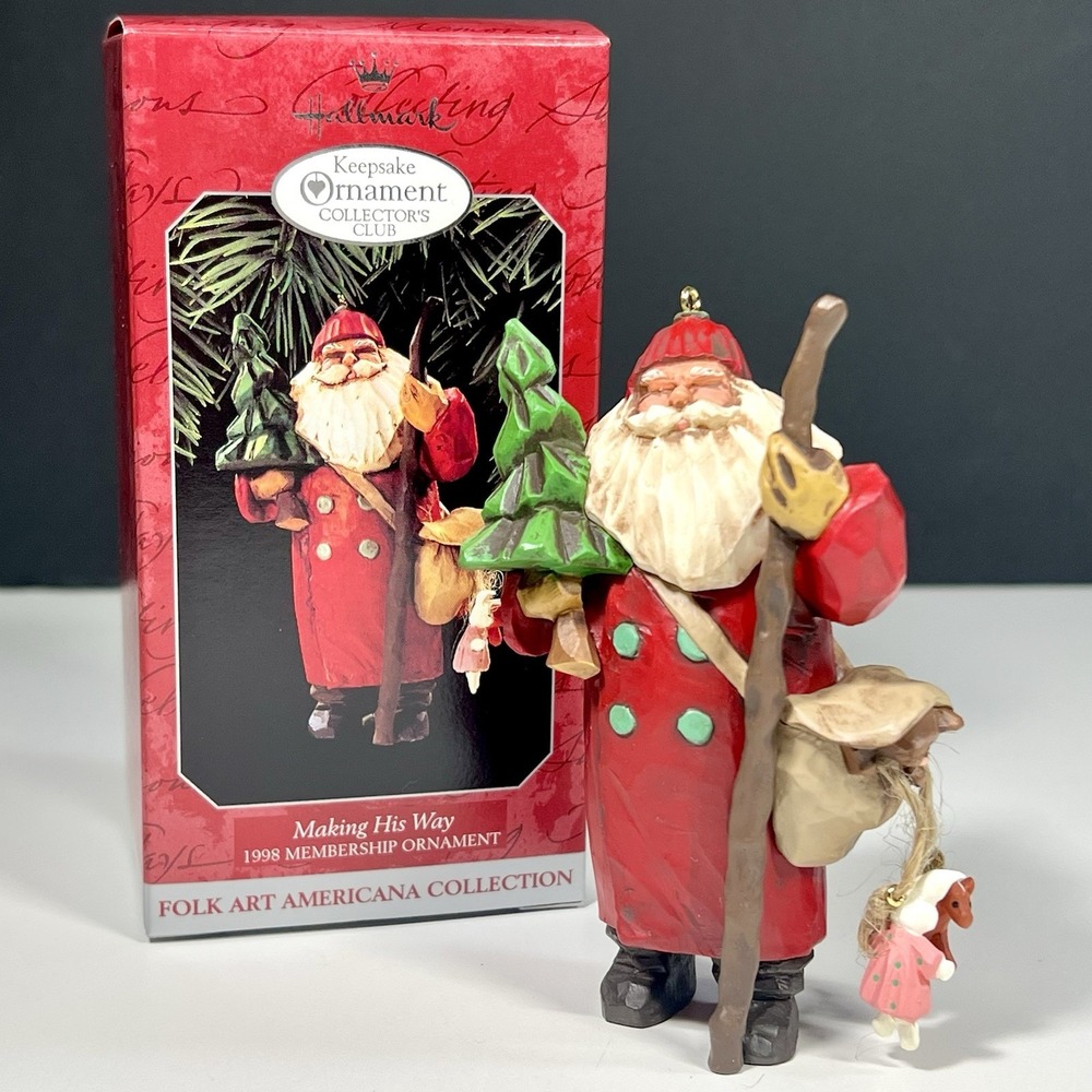 1998 Hallmark Keepsake Ornament Santa Making His Way Collector Club Folk Art‎